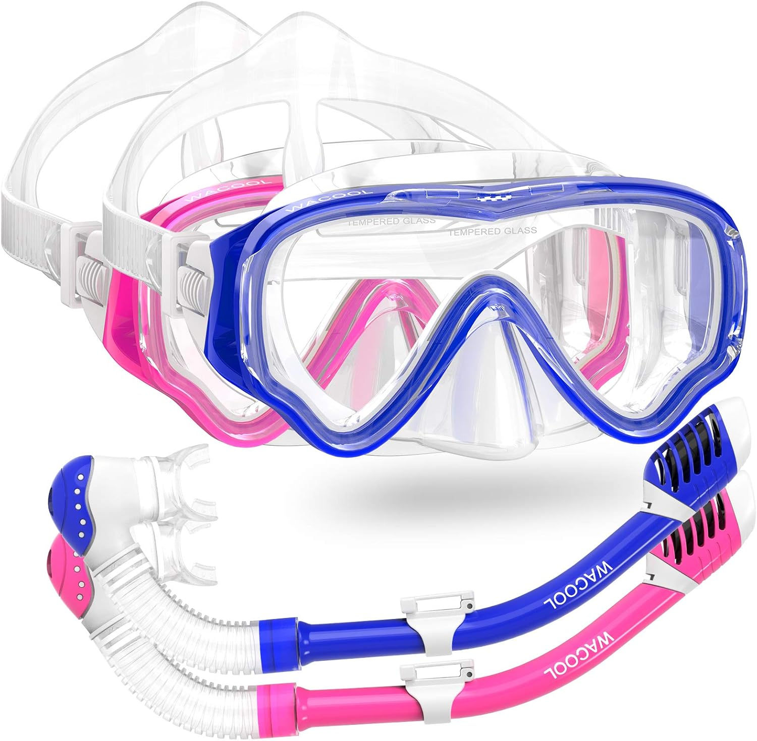 WACOOL Snorkeling Snorkel Package Set for Kids Youth Junior, Anti-Fog Coated Glass Diving Mask, Snorkel with Silicon Mouth Piece,Purge Valve and Anti-Splash Guard.