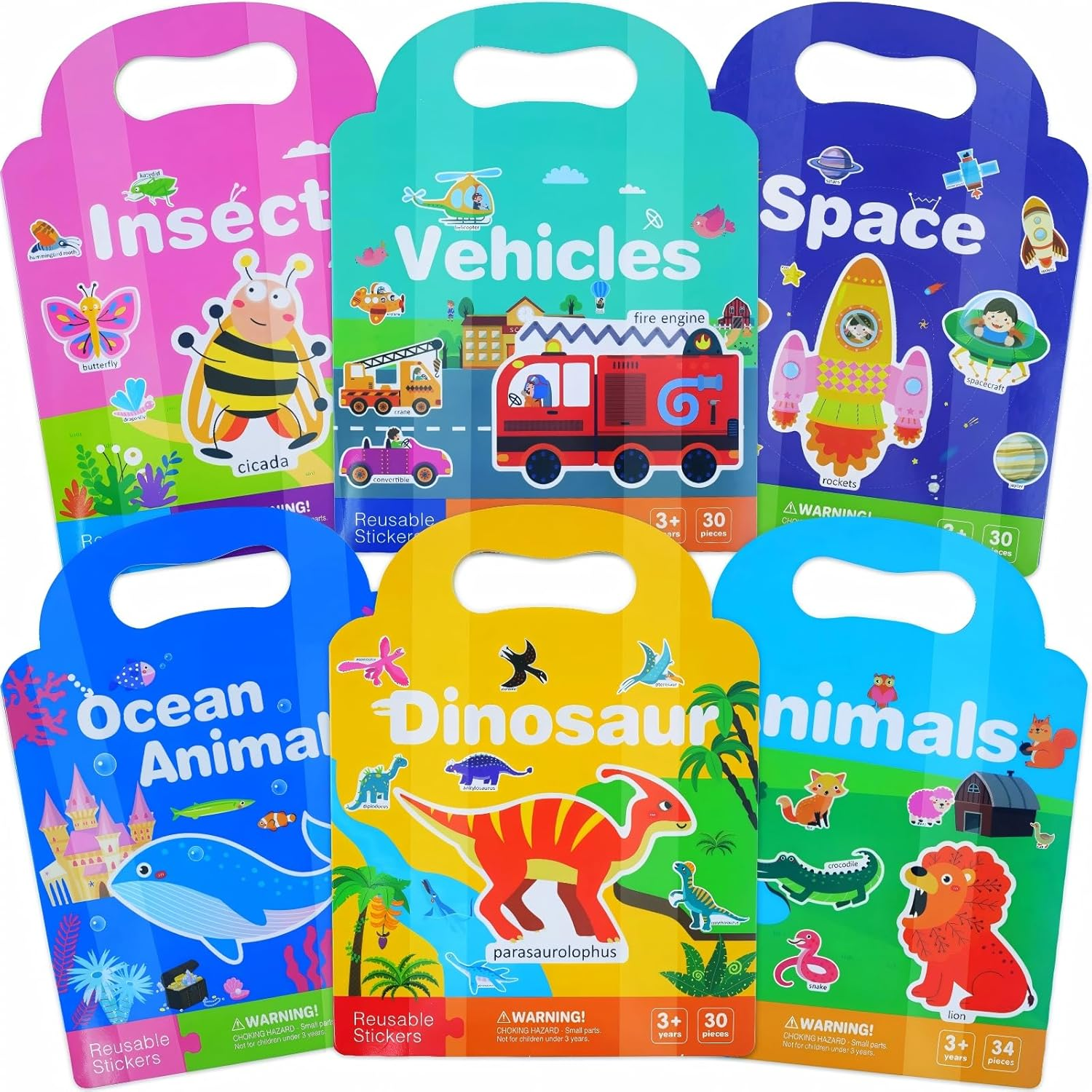6 Sets Reusable Sticker Books for Toddlers, Includi 6 Themed Space, Animal, Ocean World, Vehicle, Insect, Dinosaur, Jelly Sticker Books for Toddlers 3-5 Years, Toddler Travel Toys