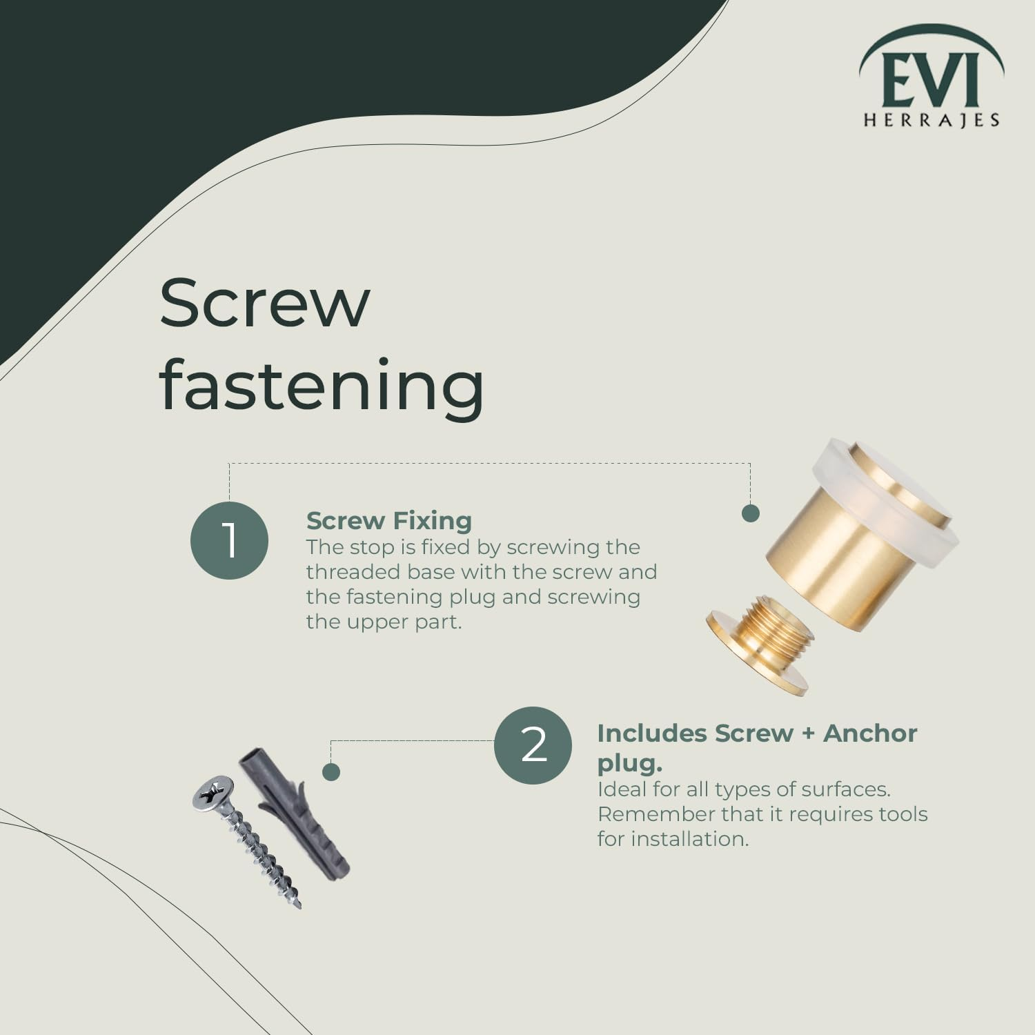 EVI Herrajes | Decorative Door Stoppers | &Oslash;20X25Mm | Floor Mounted | Brass Matte Finish | Protection Rubber | Mod I-180 image number 3