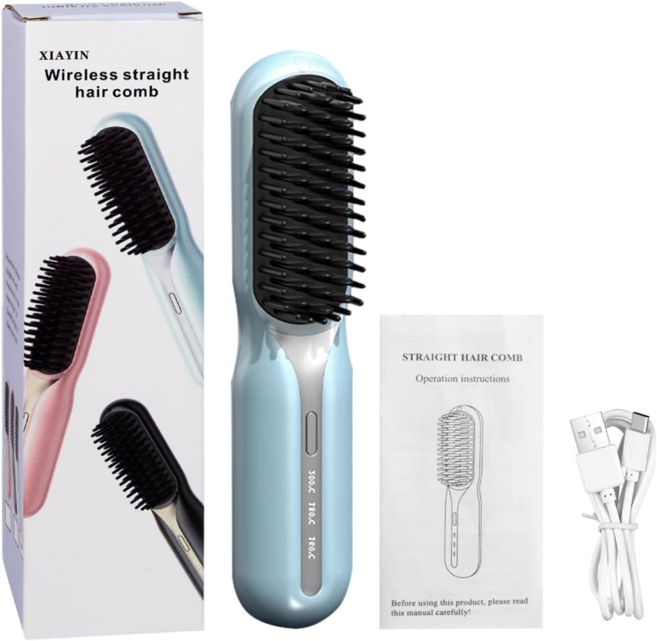 Mini Portable Hair Straightener Brush, Cordless Electric Hair Straightening Comb with Negative Ions, Ceramic Fast Hearting Electric Hot Comb(Blue) image number 2