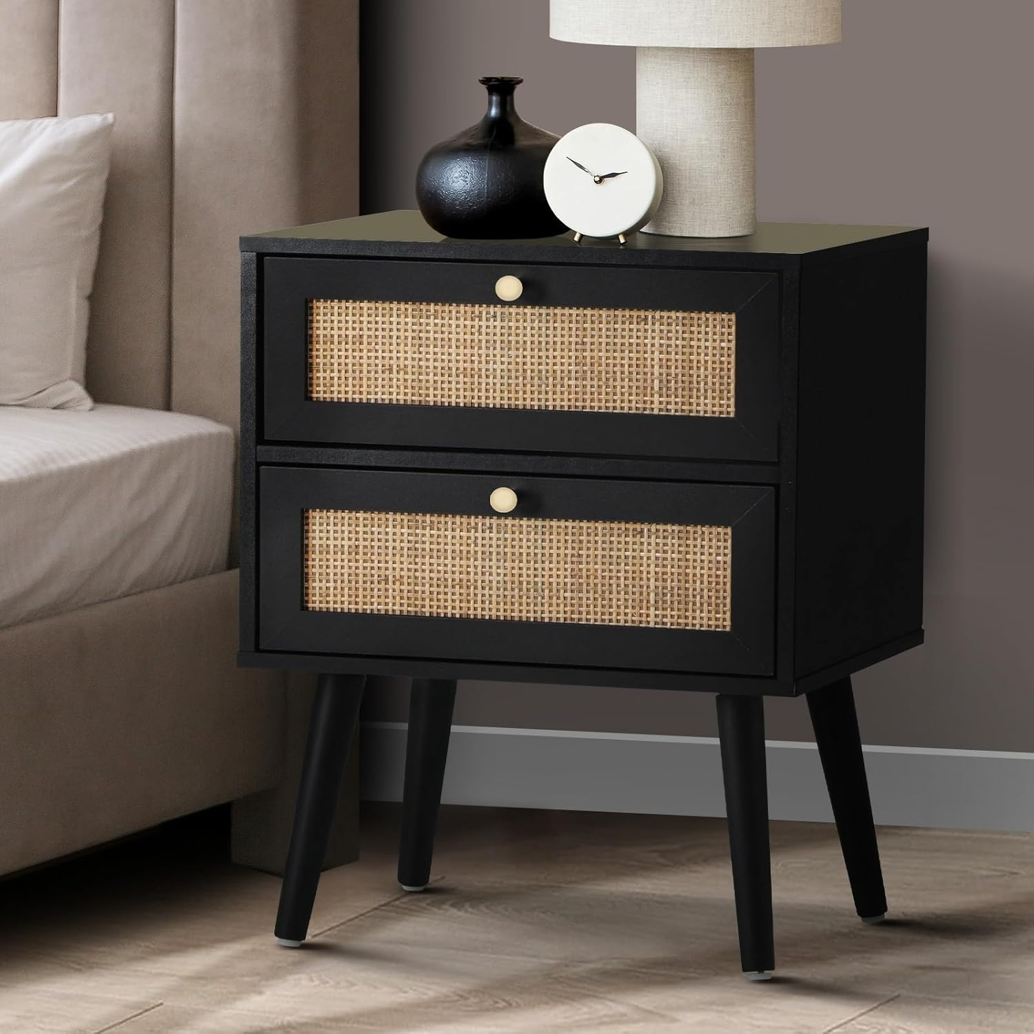 Oikiture Bedside Table with 2 Drawers, Wooden Side Table Nightstand Home Storage Furniture Black