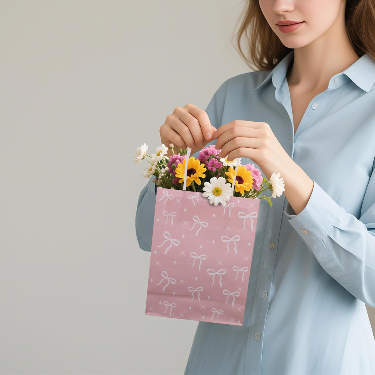 ACOSIY 12 PCS Bow Pink Goodie Bags, Plain Reusable Gift Bags with Handles, Pastel Candy Party Favor for Wedding Birthday Bridal Engagement Decorations (Pink) image number 5