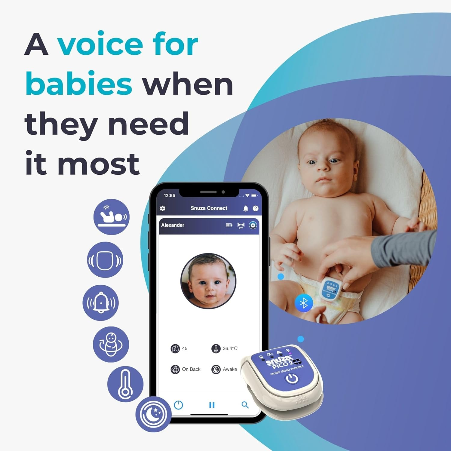 Snuza Pico 2 &ndash; Smart Sleep Monitor | Connect to App or Use as Standalone Device | Tracks Movement, Sleep Patterns, Body Position & Skin Temperature | Real-Time Alerts for Safer Sleeping image number 2