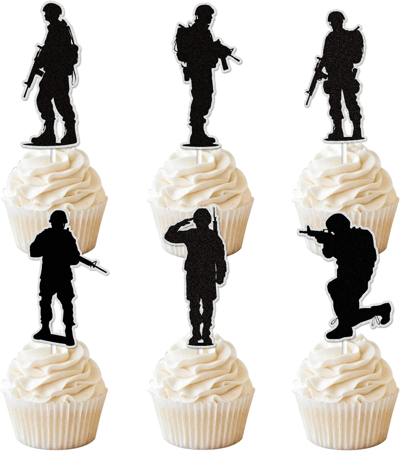 18Pcs Military Cupcake Toppersblack Glitter Gun Army Soldier Fighter Veteran'S Day Happy Birthday Cupcake Pick Airman Retirement Military Themed for Kids Boys Men Birthday Party Supplies image number 2