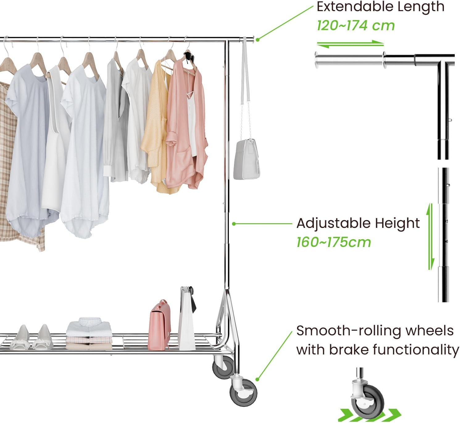 Heavy Duty Metal Clothes Rack - Clothes Rail for Hanging Clothes, 525LBS Capacity Clothing Garment Rack with Wheels, Rolling & Collapsible Design for Commercial & Home Use