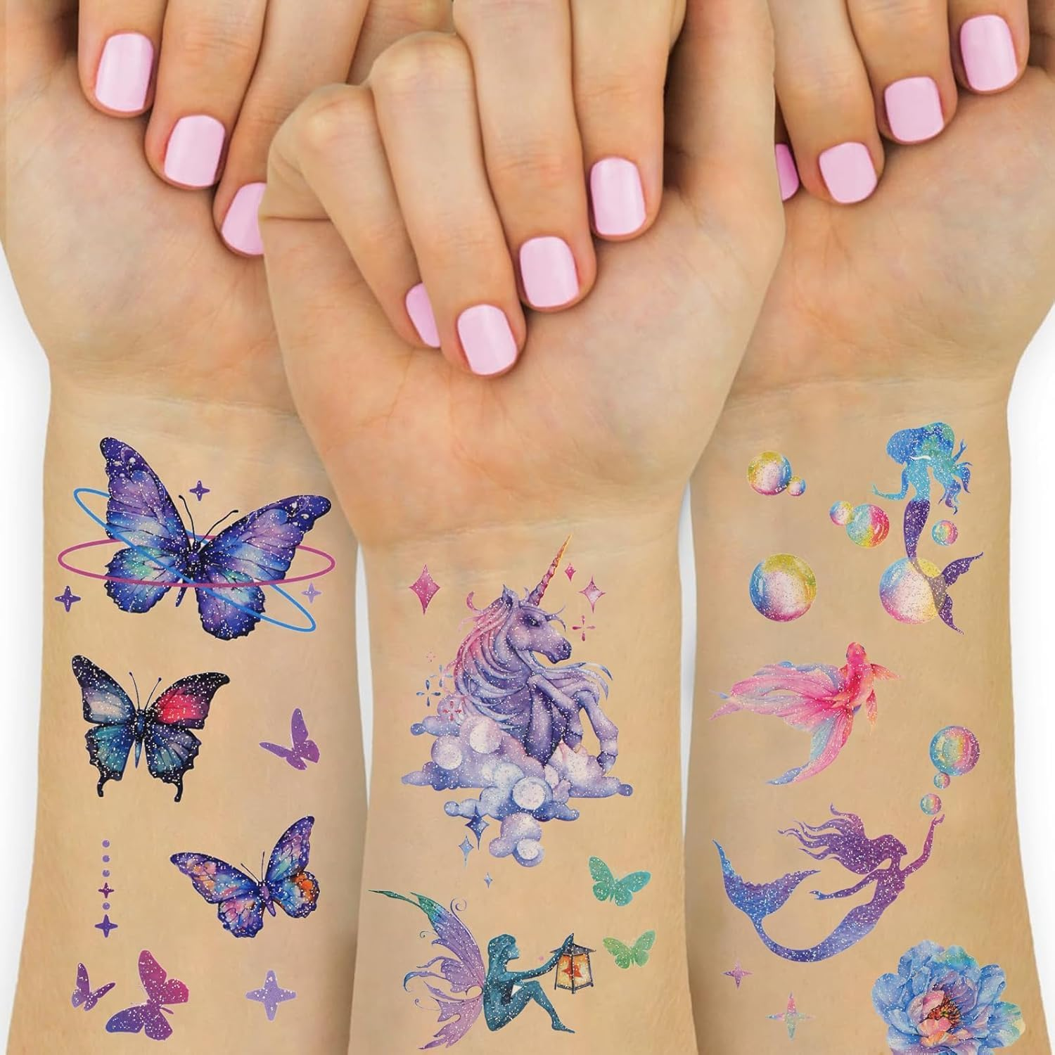Chengruiy Glitter Temporary Tattoos for Girls, 12 Sheets of Mixed Butterfly, Fairy, Mermaid Tattoo Stickers for Kids, Waterproof Fake Tattoos for Birthday Party Favors and Supplies image number 3