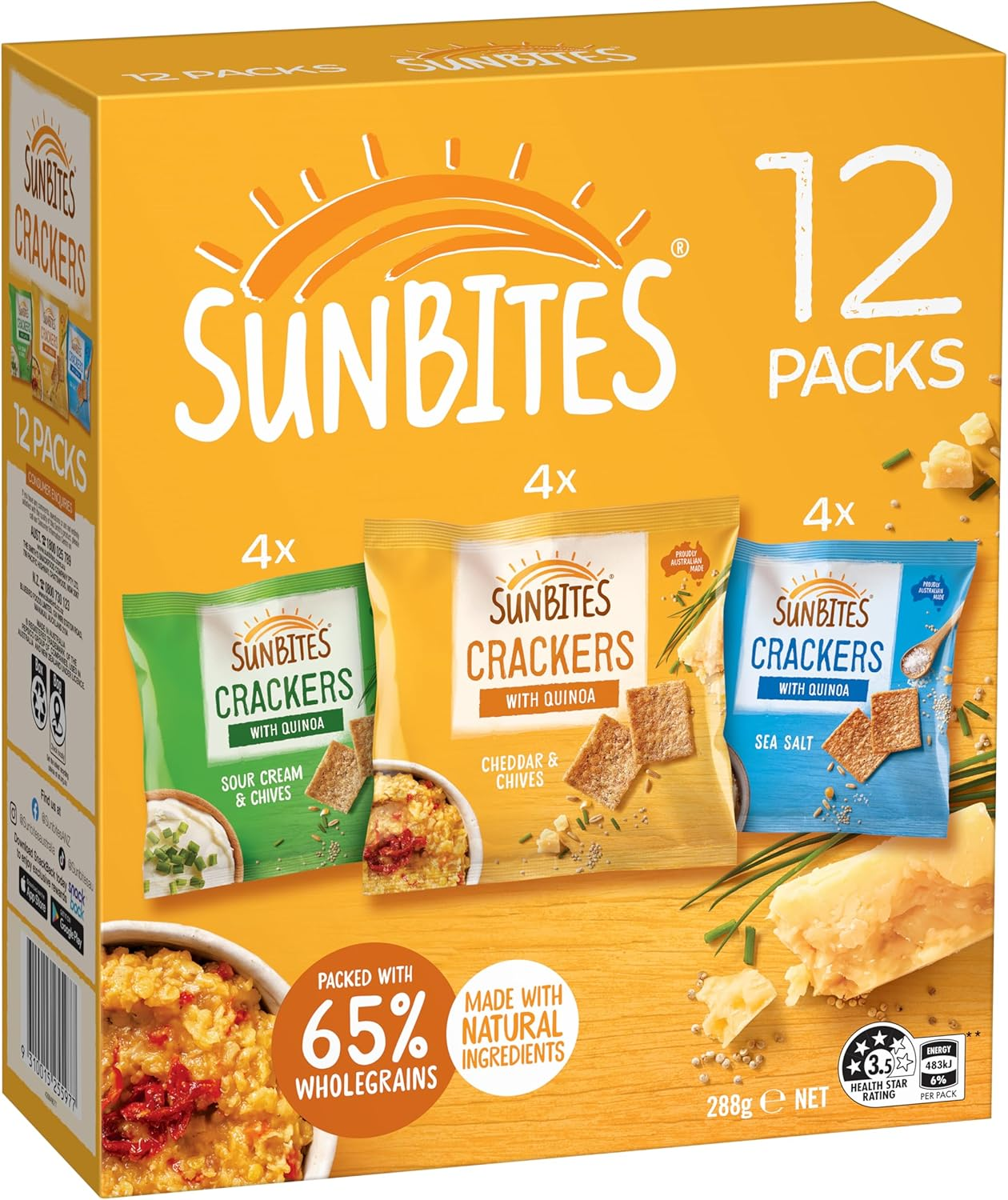 Sunbites Cracker Mix Kids Lunchbox Multipack (Sour Cream & Chives, Cheddar & Chives, Sea Salt) 12 Pack