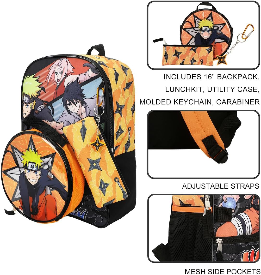 Bioworld Naruto Anime Character Print Orange and Black 5-Piece Backpack Set for Boys, Orange, OSFA, Classic
