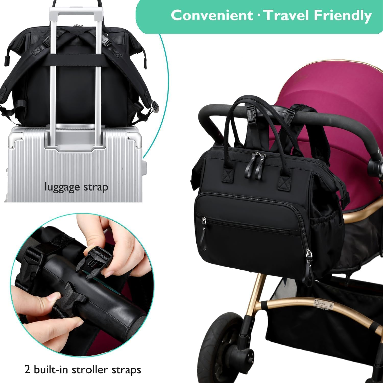 Convertible Diaper Bag Tote, Water-Resistant Diaper Backpack with Anti-Theft Pockets and Stroller Clips image number 5