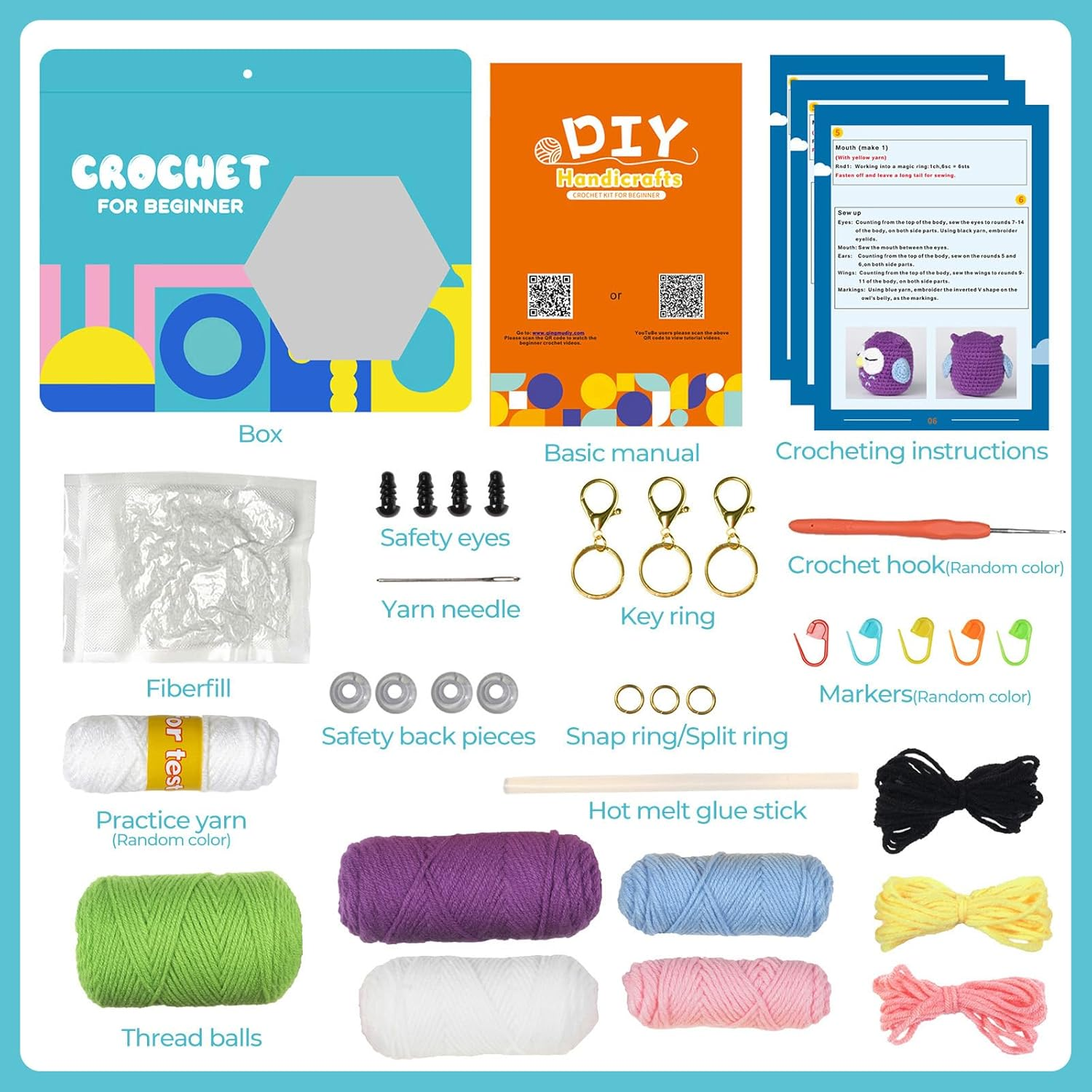 Roseflower Crochet Kit for Beginners, Easy Crochets Starter Kits with Step-By-Step Video Tutorials, DIY Craft Knitting Crochet Animals Set for Adult - 3 Pack Frog Owl Rabbit - C02 image number 6