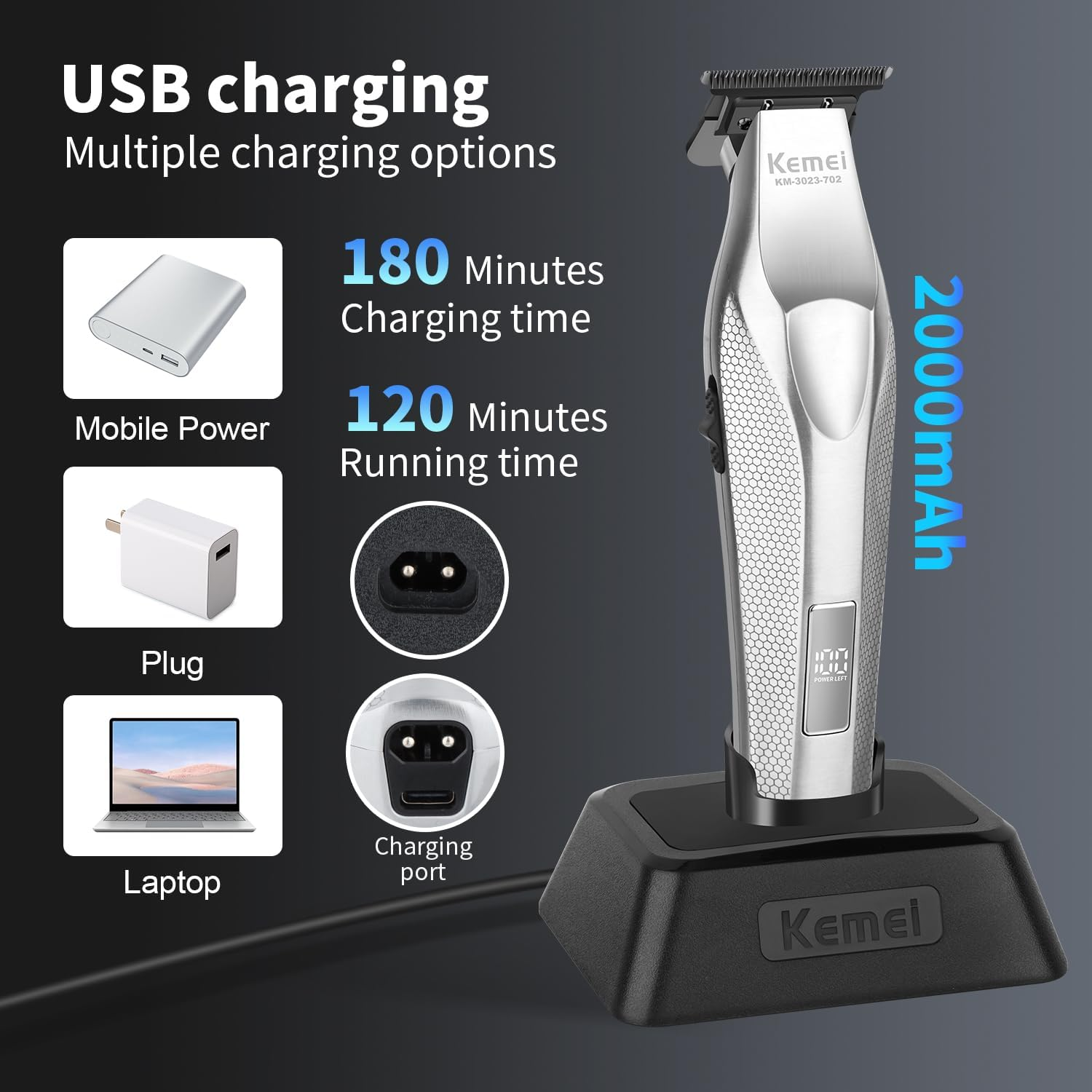 KEMEI KM-3023-702 Professional Hair Clipper for Men, Zero Gapped Cordless Beard Trimmer, Barber Clippers with USB Rechargeable, Edgers, Fade Clipper, Gift for Men image number 3