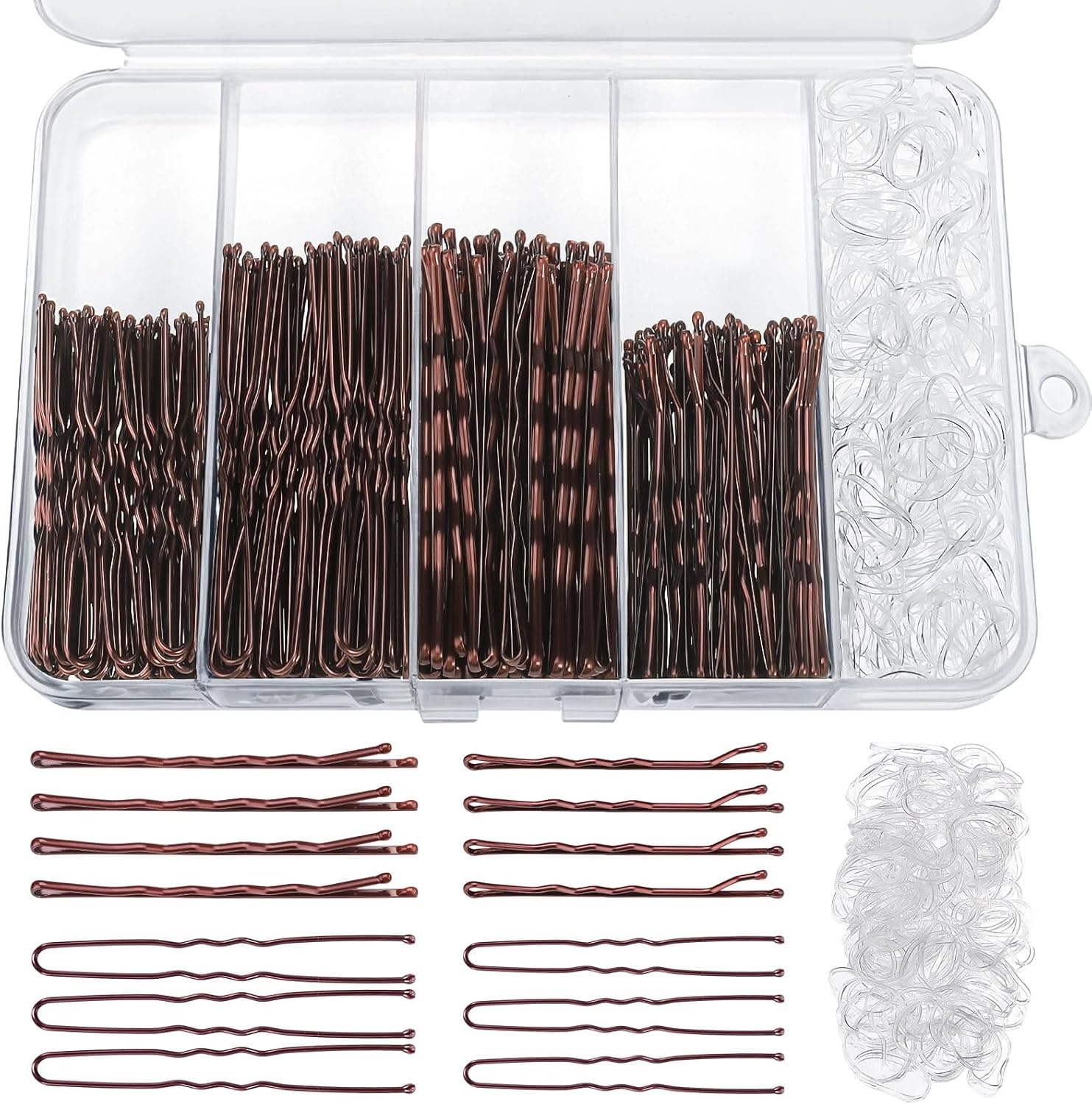 460Pcs Hair Pins Hair Rubbers Kit, 220Pcs 2 Size Bobby Pins and U Shaped Bun Pins for Women Girls with 240 Hair Rubbers and Storage Box Wedding Hairstyles (Brown) image number 4