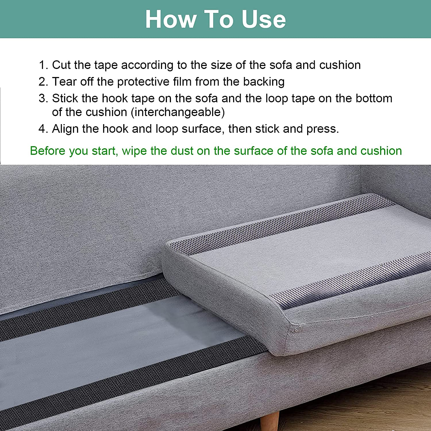 Teuvo Couch Cushion Non Slip Pads to Keep Couch Cushions from Sliding, Hook and Loop Tape with Adhesive for Smooth Surfaces, 2M Long and 11Cm Wide image number 3