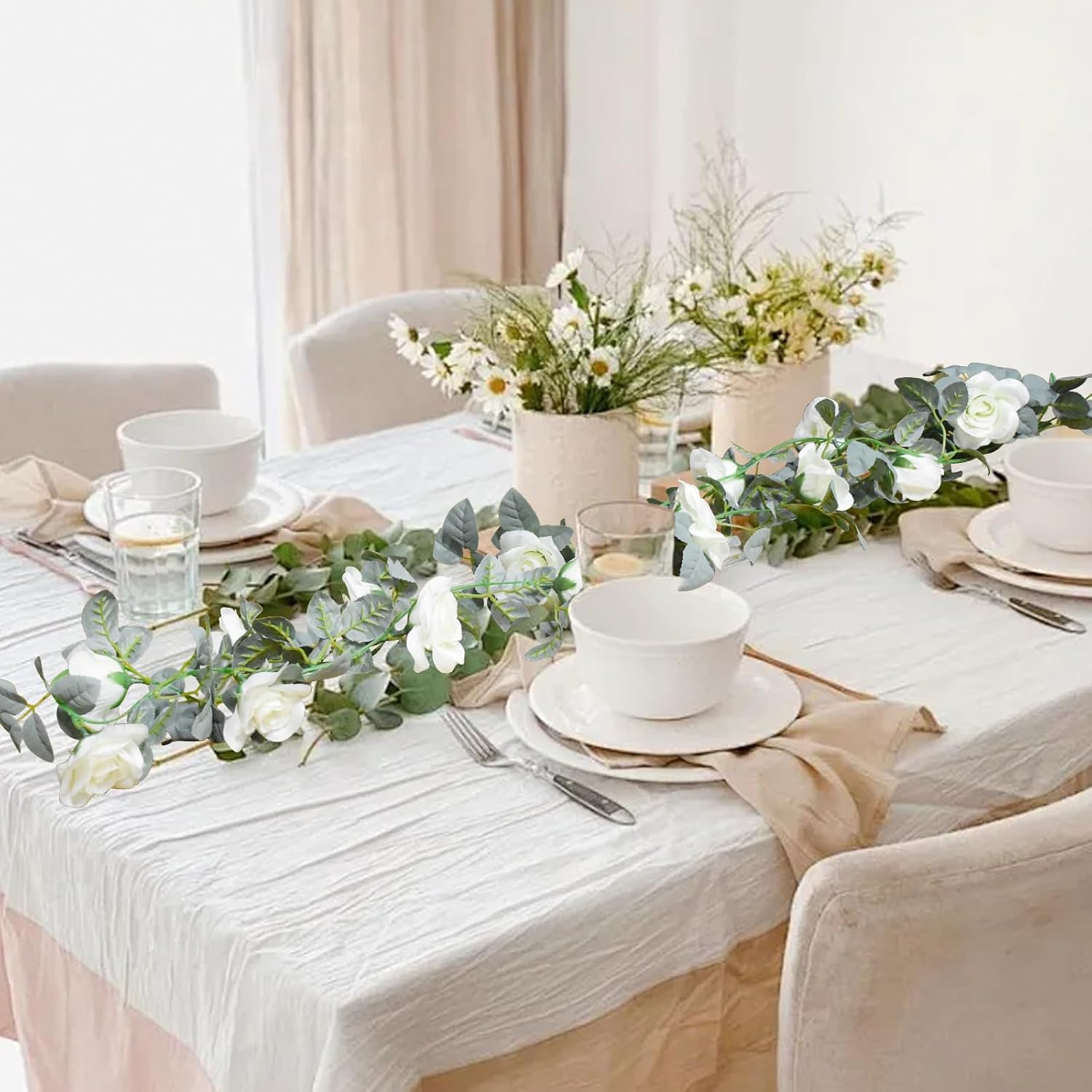 Bacucine Flower Garland Rose Vine 4Pcs 28FT Artificial Floral Garland with Green Leaves Hanging Rose Vine for Wedding Party Garden Home Wall Decor (White) image number 3