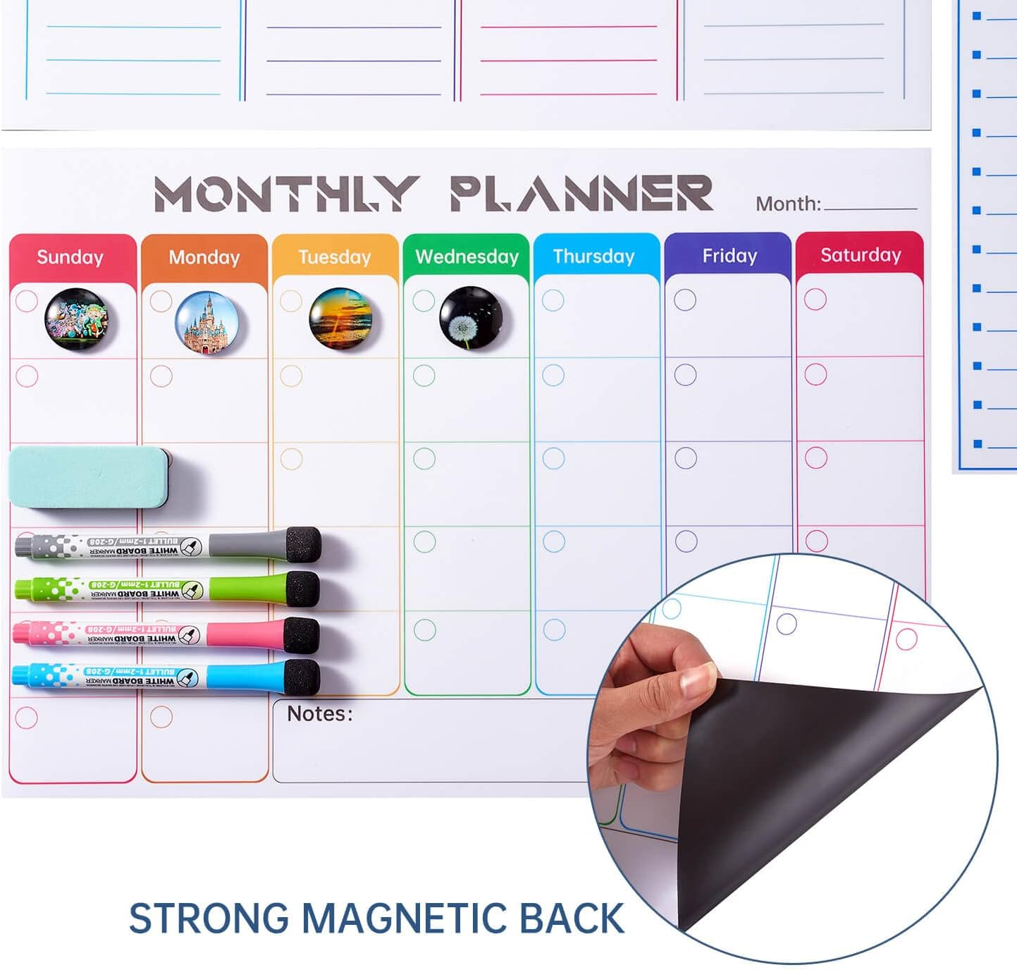 White Board Calendar Dry Erase - Monthly Calendar Whiteboard for Fridge, Weekly Magnetic Calendar for Refrigerator, Grocery List Magnet Pad for Family Planner Kitchen Schedule Board