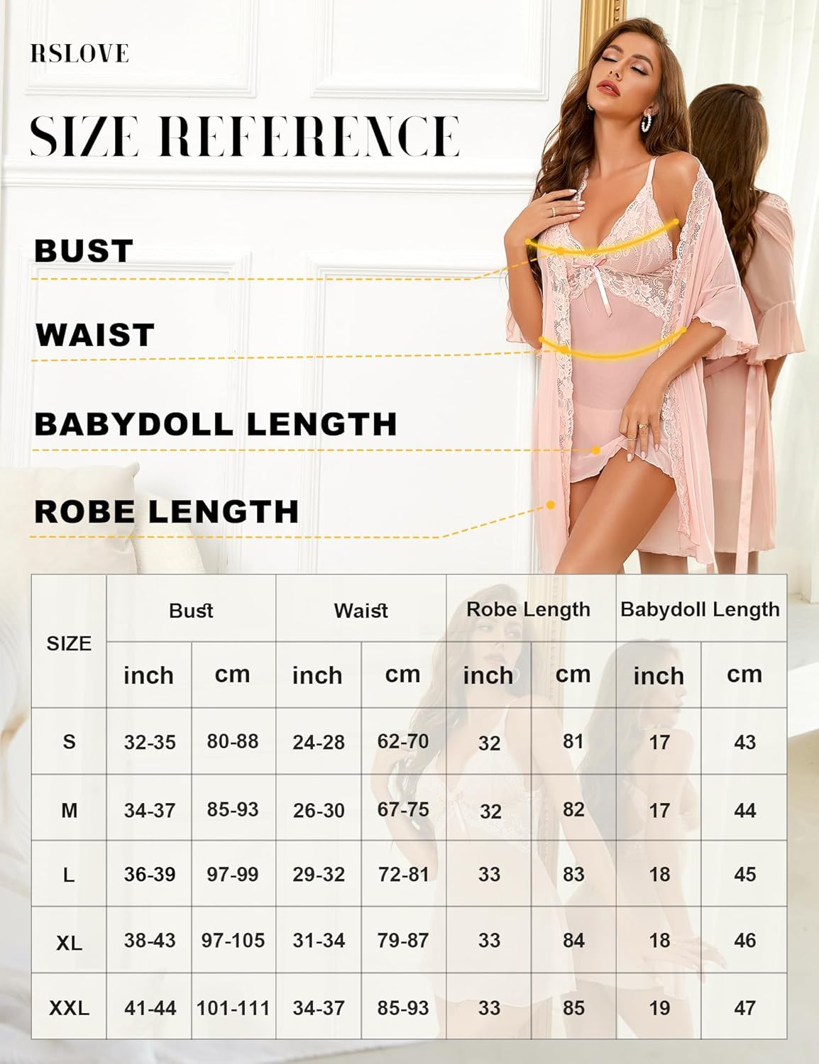 RSLOVE Sexy Lingerie Set for Women Lace Robe and Babydoll 3Pcs Strappy Chemise Mesh Nightgown image number 5