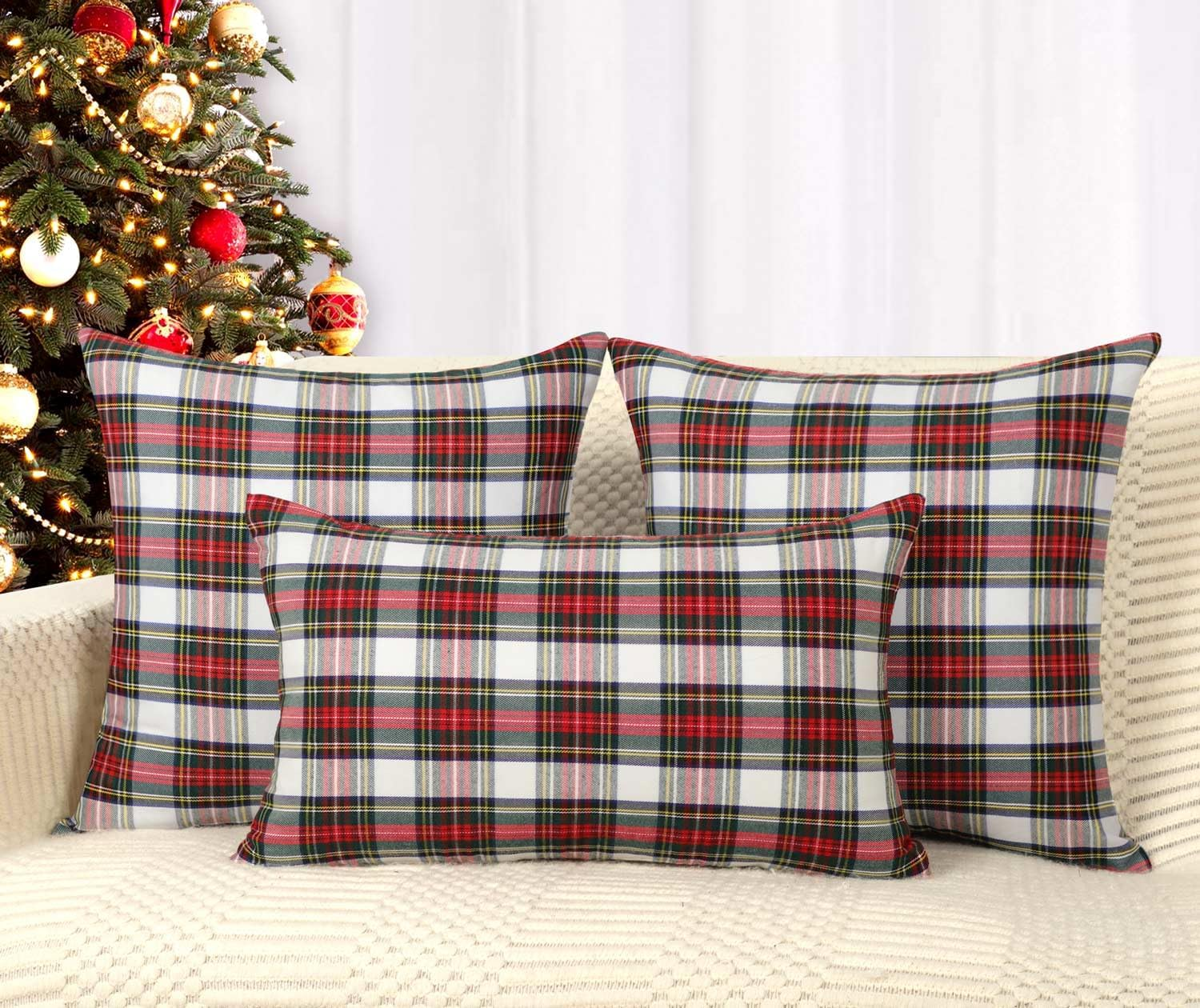 4TH Emotion Set of 2 Christmas Scottish Tartan Plaid Throw Pillow Covers Cushion Case Cotton Polyester for Farmhouse Home Decor Red and White, 20 X 20 Inches