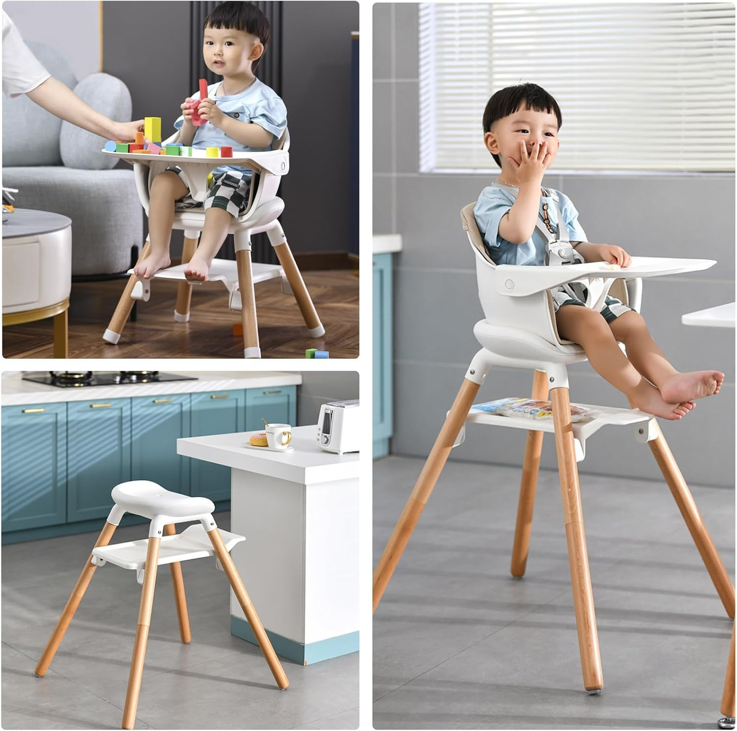Baby High Chair, 6 in 1 Wooden Convertible High Chairs for Babies and Toddlers, Booster Seat with Double Tray & Reversible Footrest Baby Highchair, 5-Point Harness Baby Feeding Chair (Beige) image number 2