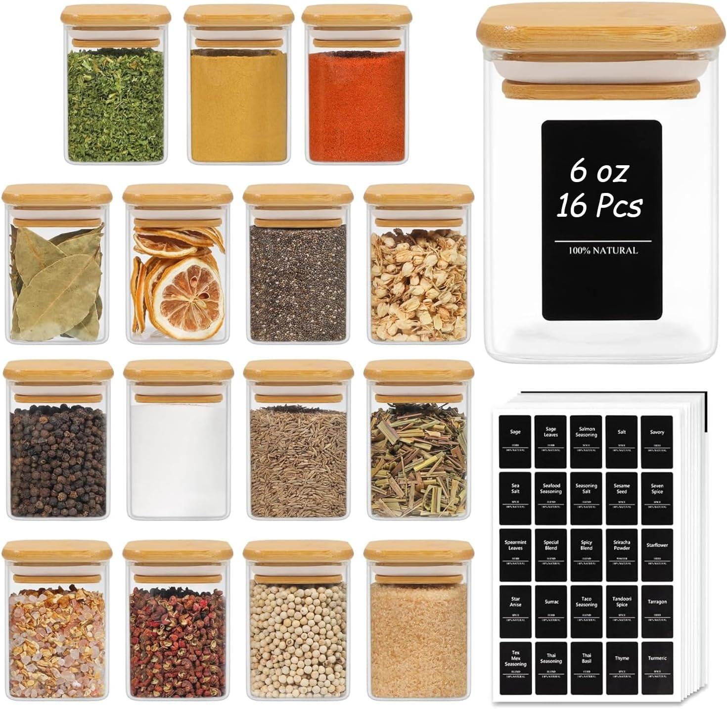 Comsaf 16Pcs Glass Spice Jars with Bamboo Lid, 6Oz Airtight Square Spice Containers with 275 Black Lables, Empty Seasoning Jars for Spice Salt Sugar image number 1