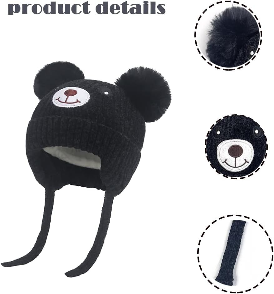Cute Bear Kids Winter Fleece Lined Knitted Hat with Ear Flaps Dual Pom-Pom Chenille Furry Beanie Earflap Warm Beanie Hat with Strap Cold Weather Warm Hat for 1-5 Y Infant Toddler Boys Girls - Black image number 4