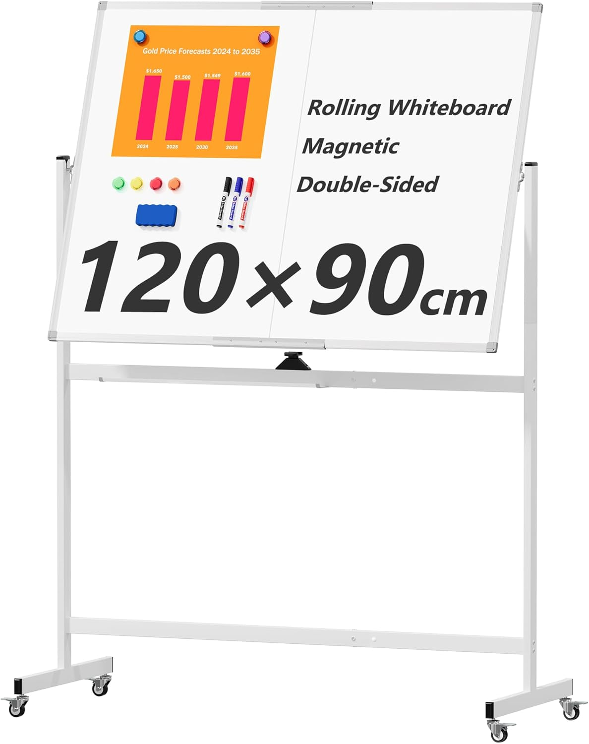 Neatsure Large Rolling Whiteboard on Wheels, 120 X 90 Cm Double-Sided Mobile White Board with Stand, Portable Standing Magnetic Dry Erase Board Easel for Home Office Classroom School, Silver image number 1