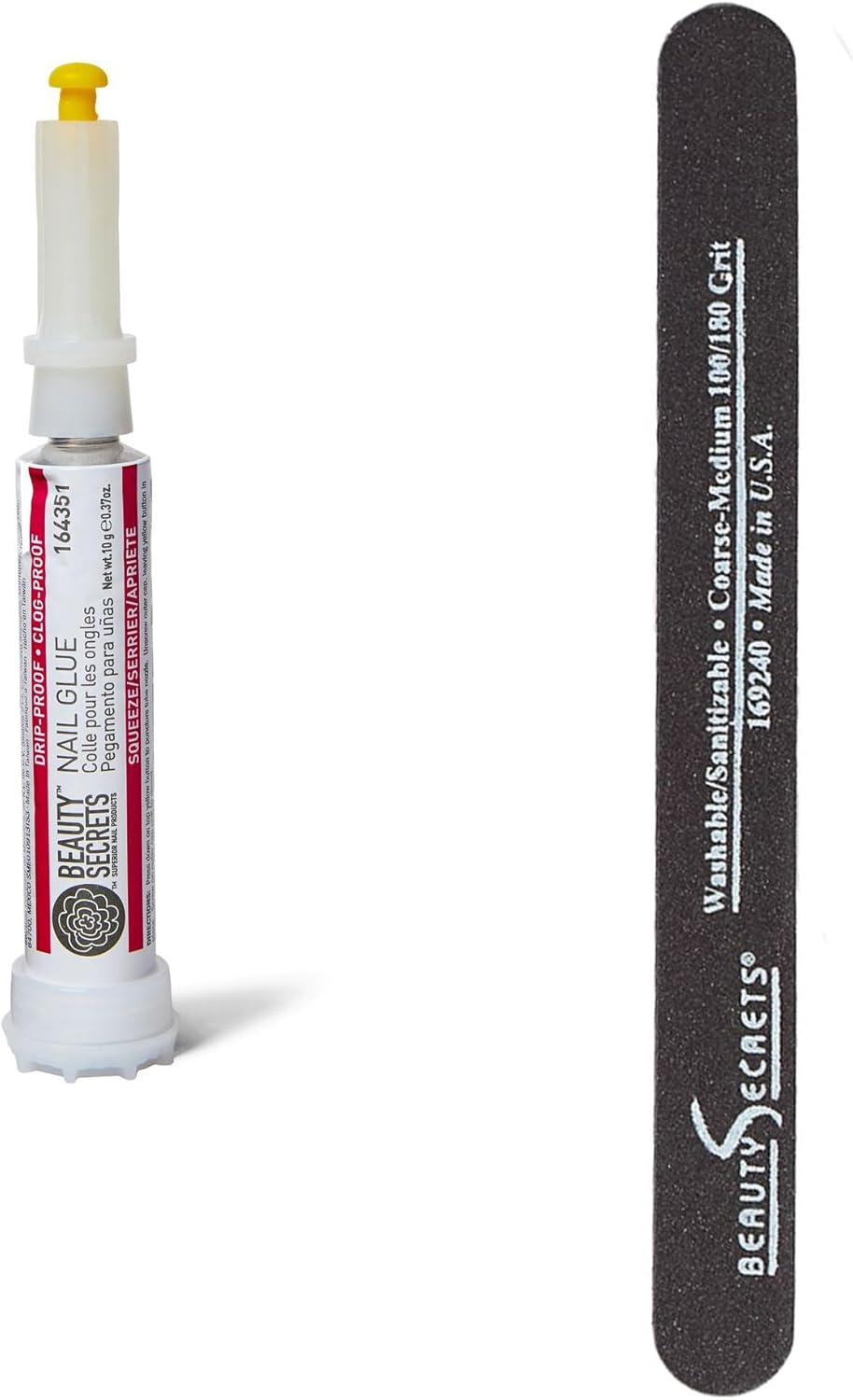 Beauty Secrets Drip & Clog Proof Nail Glue (1 Pack) Bundled with Nail File Black Cushion Medium Coarse 180/100 Grit by Beauty Secrets