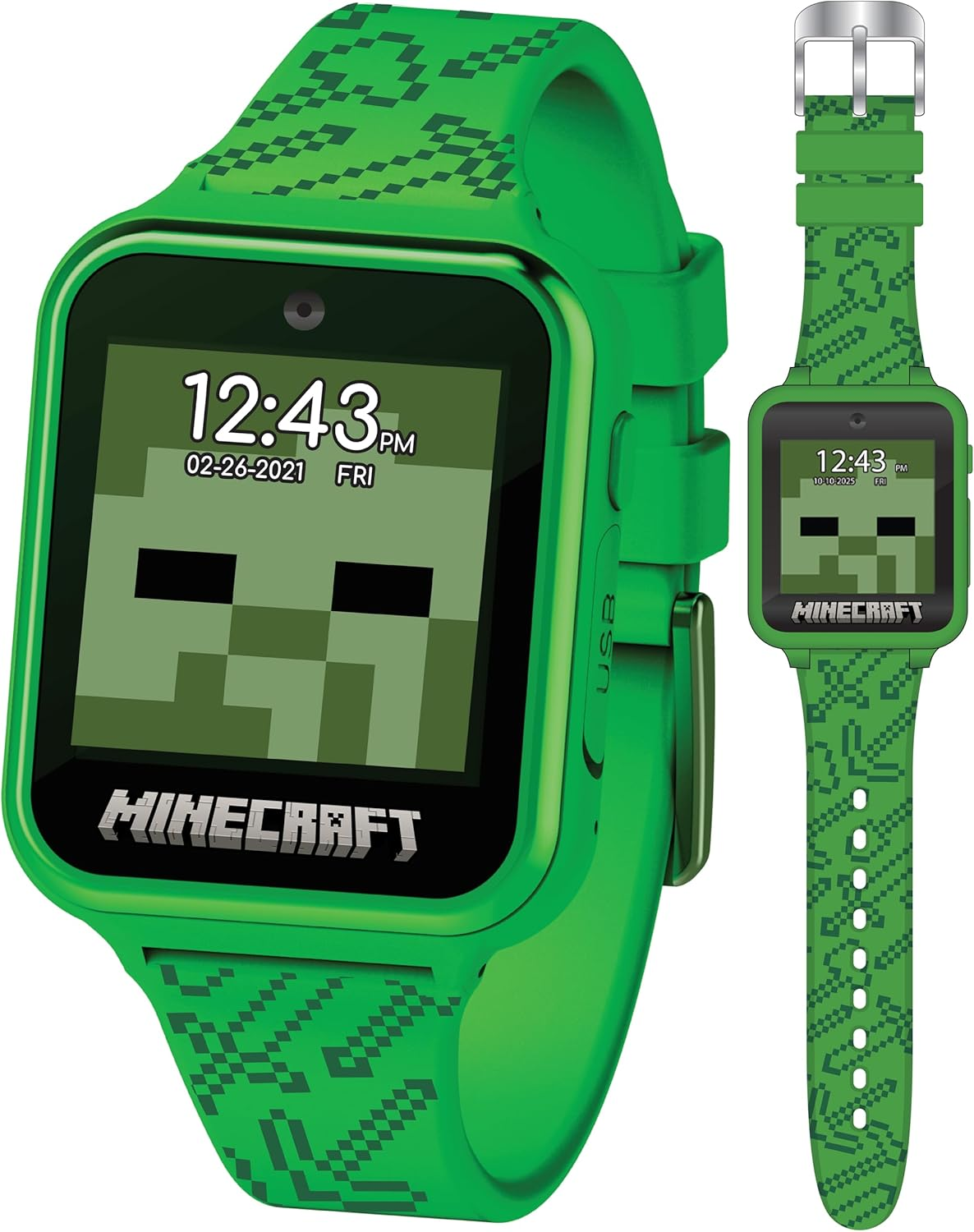 Accutime Microsoft Minecraft Green Educational Learning Touchscreen Smart Watch Toy for Boys, Girls, Toddlers - Selfie Cam, Learning Games, Alarm, Calculator, Step Tracker & More! (Model: MIN4045AZ)