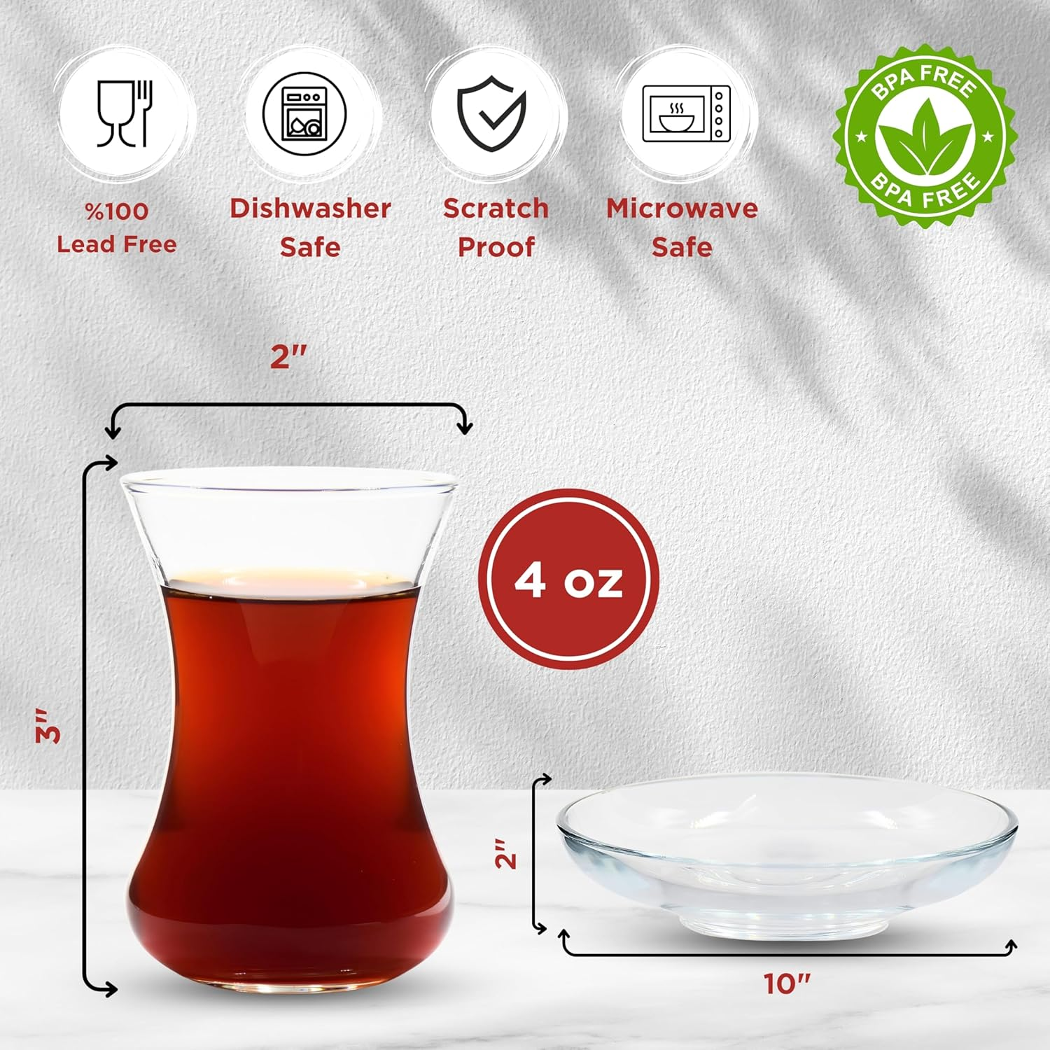 Ums Turkish Tea Glass Set - Slim Waist Design and Thick Sole Prevent Tea from Getting Cold, Easy to Keep for 6 People, 6 Saucers, 6 Glasses, Useful Tea Set (12 Pieces) image number 1