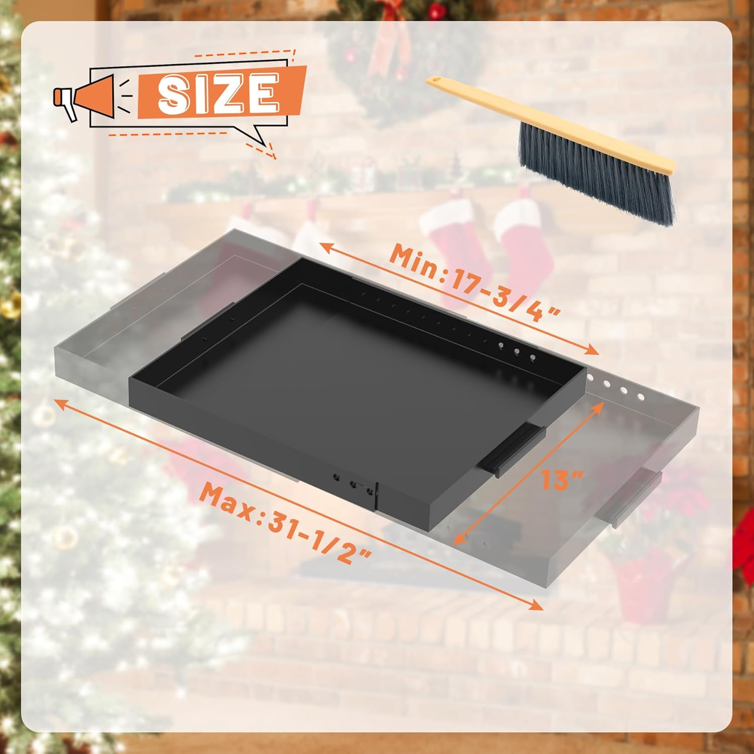 GCGOODS Fireplace Tray with Handles, Expandable Ember Holder Fireplace Pan with 13 Inch Front to Back, Adjustable Ash Pan for Ash Collection, Brush Included for Easy Cleaning, Black, Rectangle image number 3