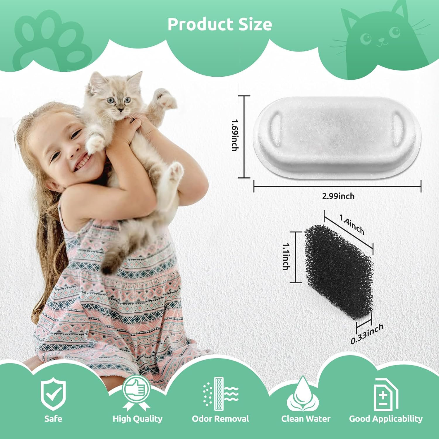 8-Pack Cat Fountain Filter Replacement for 108Oz/3.2L & 74Oz/2.2L Stainless Steel Cat Water Dispenser, 8 Pieces Carbon Filter & 8 Pieces Foam Triple Filtration Filter for 2L Drinking Fountain Bowl image number 1