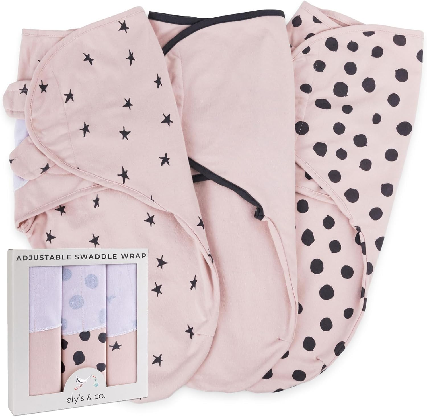 Ely'S & Co. Adjustable Swaddle Blanket Infant Baby Wrap Set 3 Pack 0-3 Monthsfor Baby Girl Black and Blush Pink Combo By image number 6