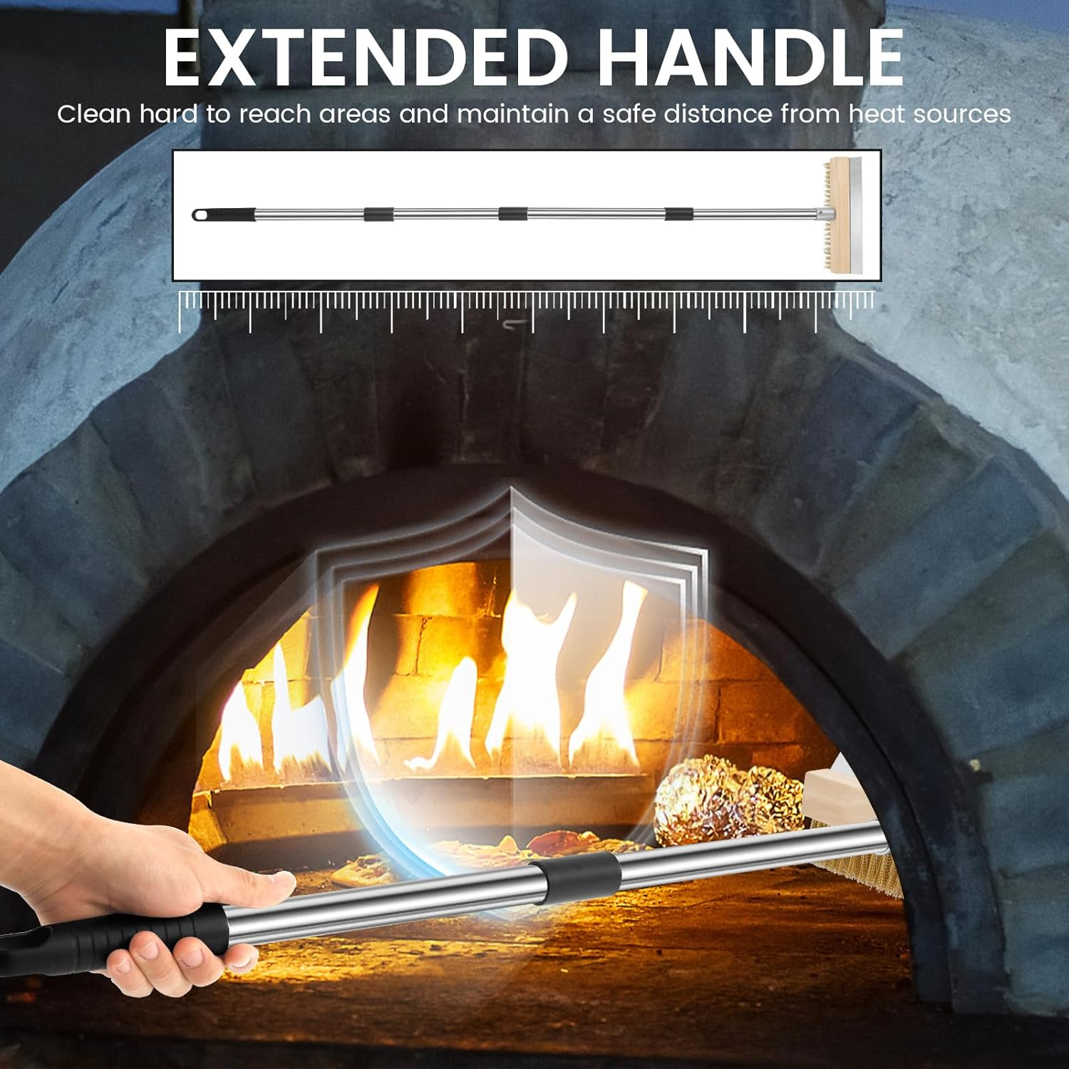 Pizza Oven Brush, with Scraper, Non Scratch Heat Proof Brass Bristles, Practical Grill Cleaner Tool with Long Handle Portable, Outdoor Pizza Oven Accessory, for Commercial Cleaning Kitchens image number 2