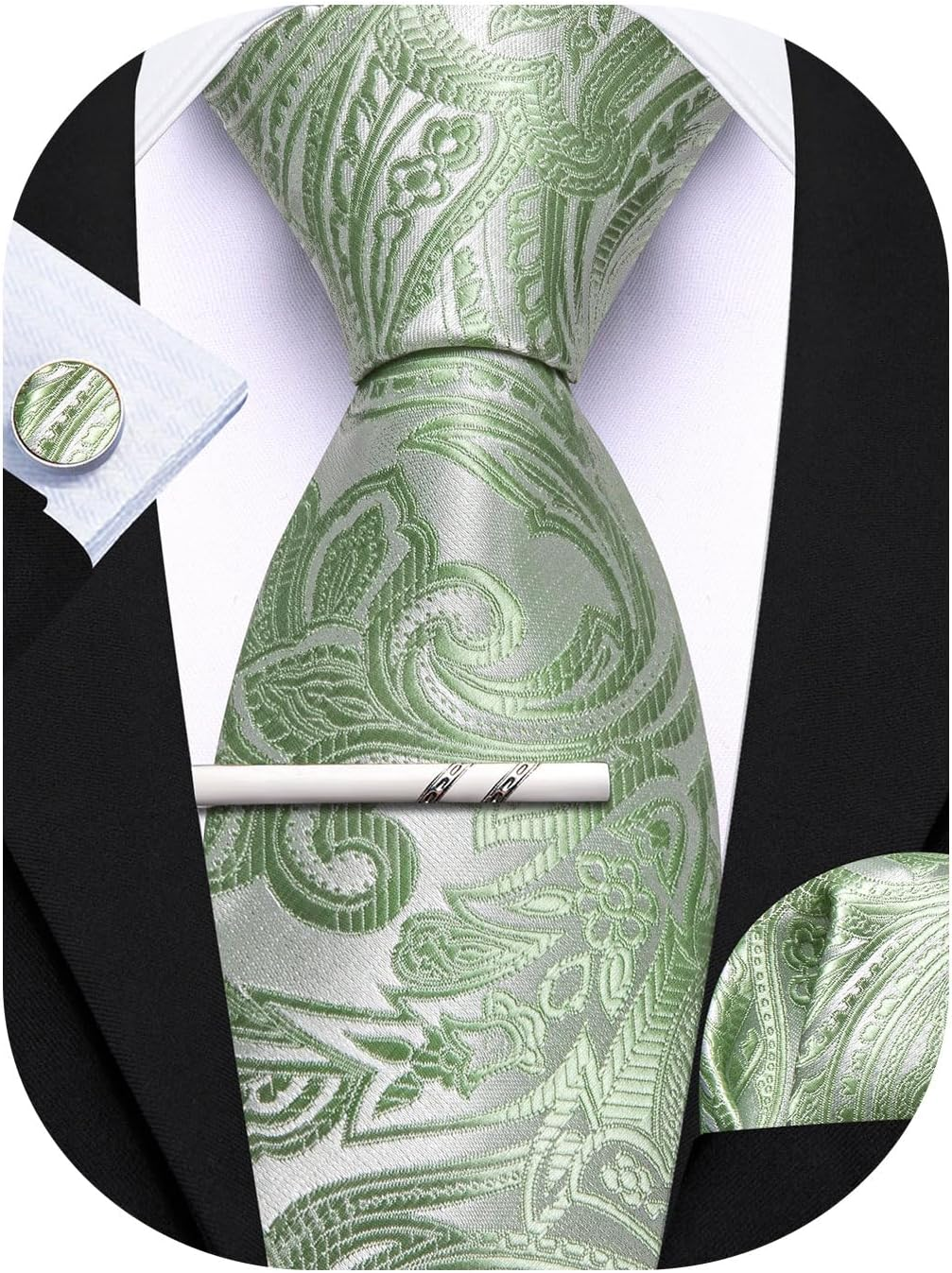 Barry.Wang Paisley Tie with Tie Clip for Men Silk Necktie Pocket Square Cufflinks Set Formal Wedding Party Business - Baby Blue image number 6