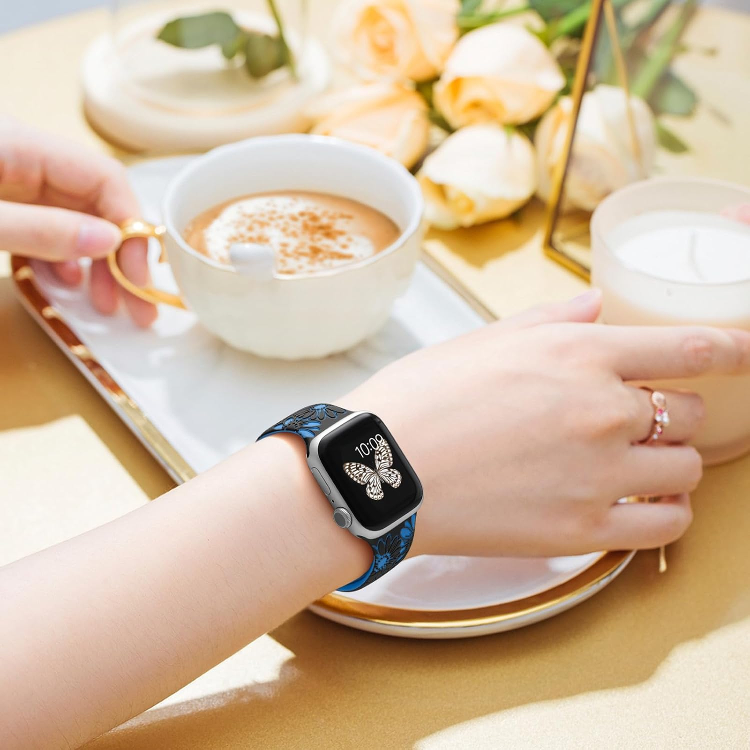 Floral Engraved Strap Compatible with Apple Watch Band 38Mm 40Mm 41Mm 42Mm 44Mm 45Mm 46Mm 49Mm Women Men, Cute Two-Tone Flower Silicone Bands for Iwatch Series 11 10 9 8 7 6 5 4 3 2 1 Ultra SE 3/2/1 image number 6