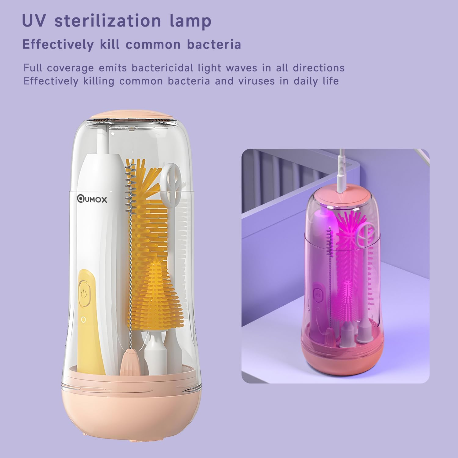 QUMOX Electric Baby Bottle Brush Set, 6-In-1 Rechargeable Cleaning Kit with Storage Case &ndash; Portable USB Charging Bottle Cleaner with Multiple Brush Heads for Bottles, Cups and Straws (Yellow)