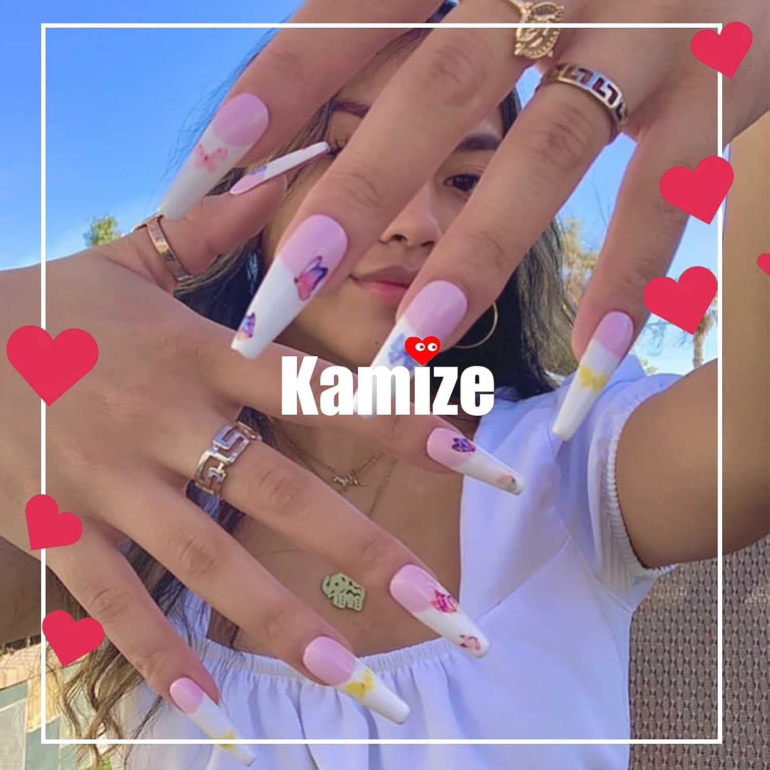 Kamize Press on Nails Coffin French Long Fake Nails Acrylic Full Cover V False Nails for Women and Girls (Long 5) image number 2