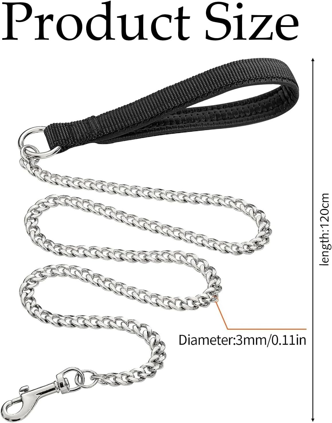 Heavy Duty Metal Dog Leash Training Leash with Padded Nylon Handle Bite Resistant Pet Leash for Large Medium Dogs 120Cm/3Mm - Black image number 6