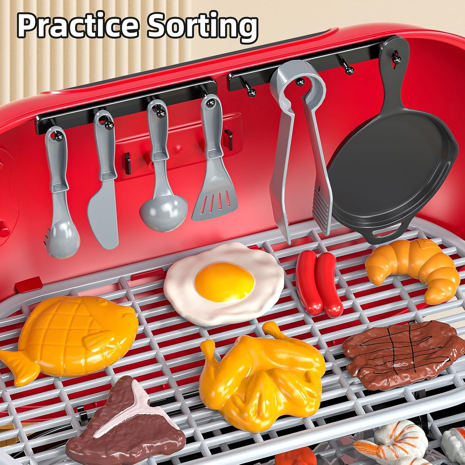 JUKUDAHU 65 PCS Play Kitchen Barbecue Toys Set for Kids Ages 3 4 5 6 7-2-Layer BBQ Grill Toys Play Food Set with Sound Smoke, Little Chef Cooking Pretend Play Gifts for Boys Girls 3-5 Indoor Outdoor