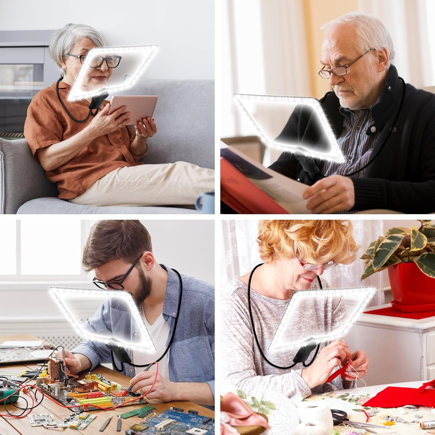 Flexible Gooseneck Page Magnifier, 5X Hands-Free Neckwear Magnifying Glasses with 3 Color Light Modes for Repair Reading DIY Low Vision Seniors Elderly image number 3