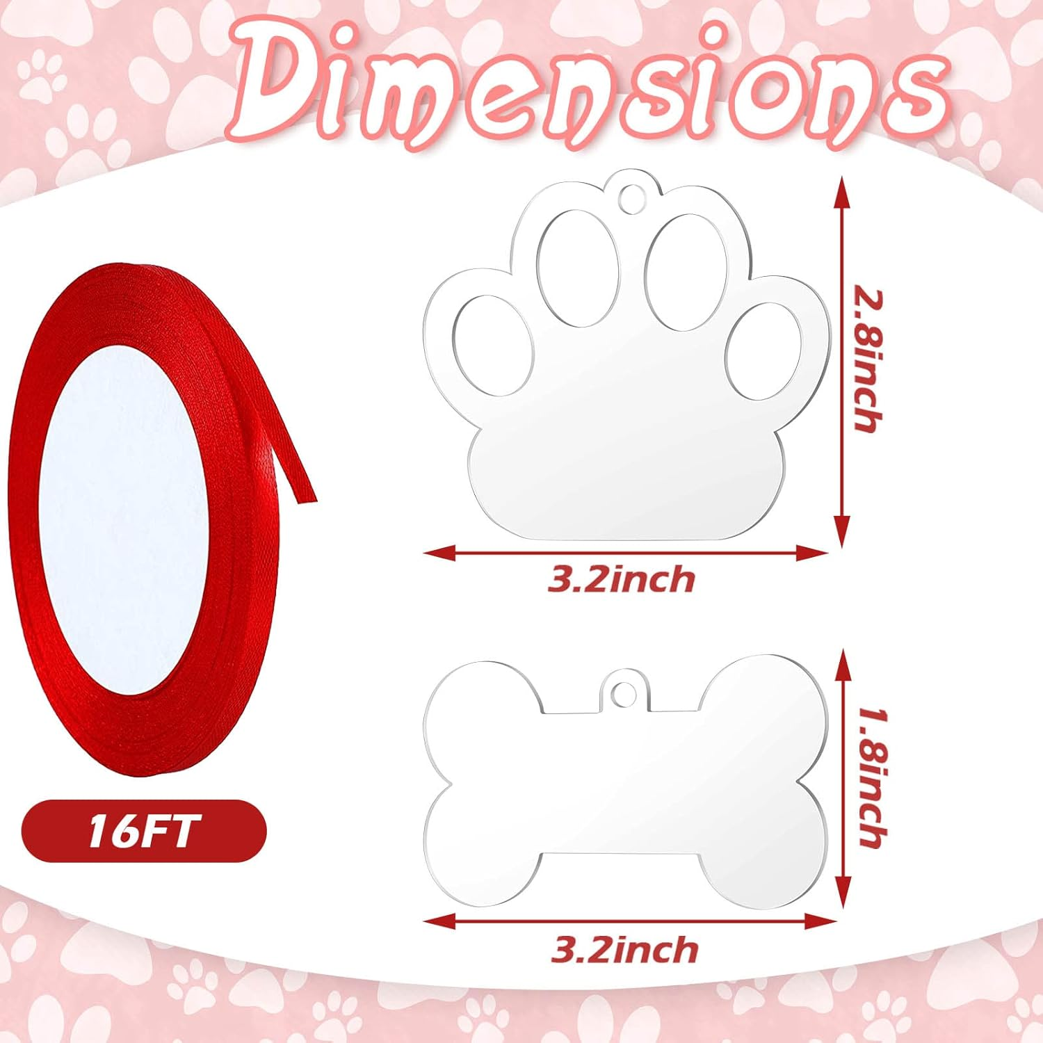 35 Pieces Christmas Acrylic Ornaments Blank Dog Paw Bone Ornaments round Disc Heart Hanging Ornament DIY Stocking Name Tag Acrylic Ornament with Paint Pen and Ribbon for Christmas Crafts (White) image number 6