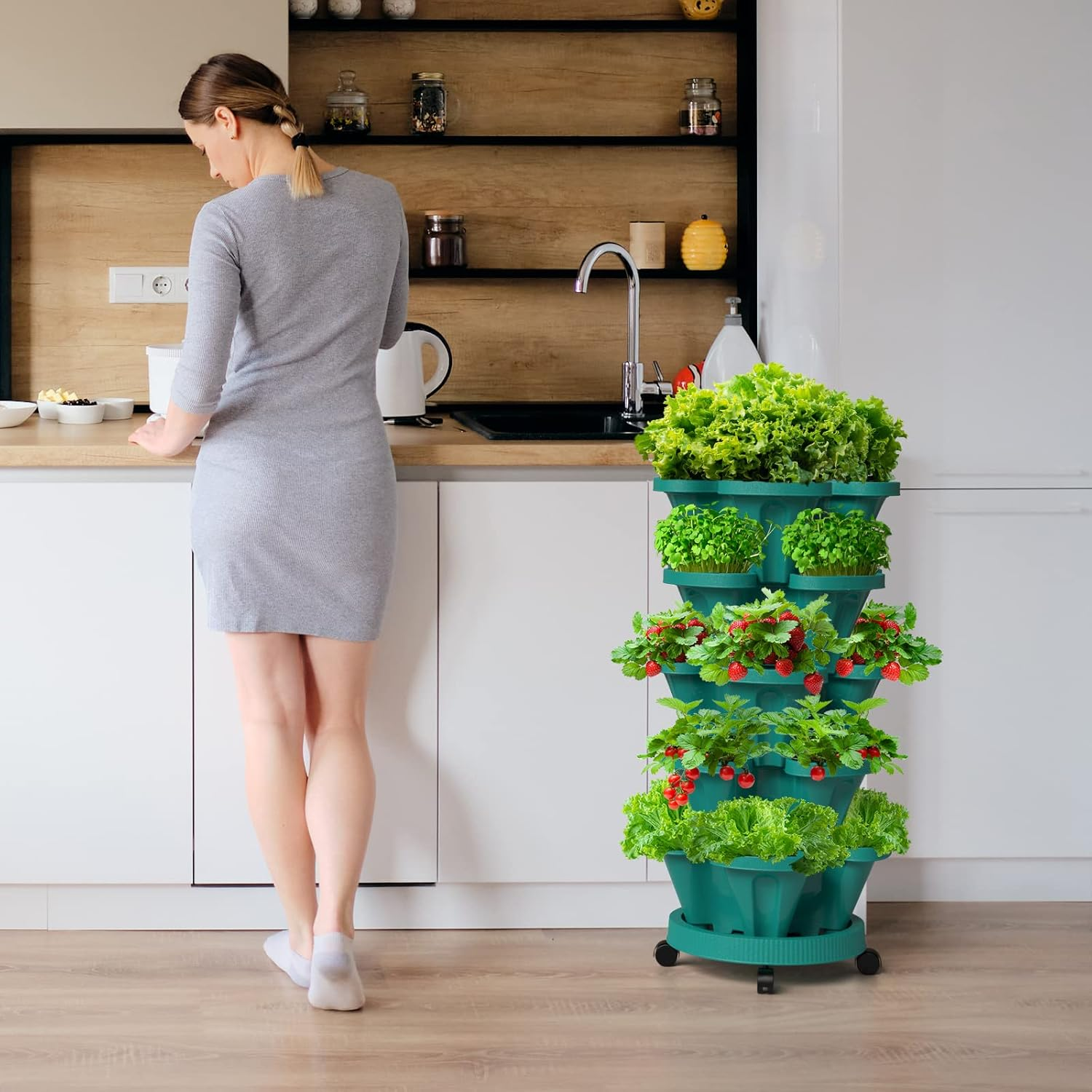 Strawberry Stacking Planters, Vertical Garden Tower, 3 Tiered Stackable Herb Vegetable Planters with Movable Casters and Bottom Saucer Indoor and Outdoor - Hunter Green image number 4