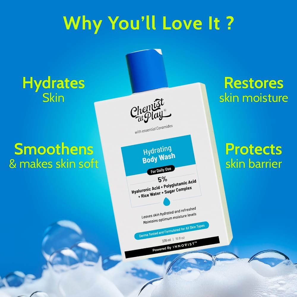 Chemist at Play Hydrating Body Wash | with 5% Hyaluronic Acid Bodywash for Intense Hydration | Reduces Flakes & Itchiness | for Dry Skin | Polyglutamic Acid & Hyaluronic Acid | for Women & Men | 236Ml image number 3