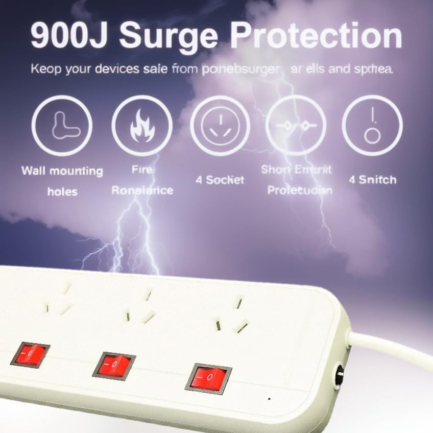 Power Board Surge Protector with Individual Switch, Power Strip with 4 AC Outlets, 1Xusb a and 1Xusb C Charging Port, 2M Extension Cord Power Strip, Wall Mount for Home and Office image number 5