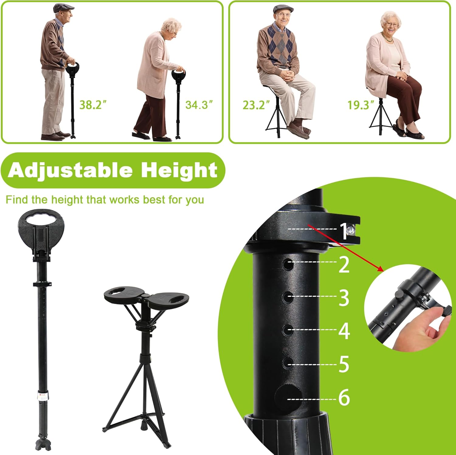 ALEVMOOM XXL Portable Cane Stool with Cushion, Adjustable Foldable Cane with Seat,Walking Stick with Seat,Max Loading 550Lbs,Sturdy and Lightweight Aluminum and Ergonomic Design with Carry Bag image number 2