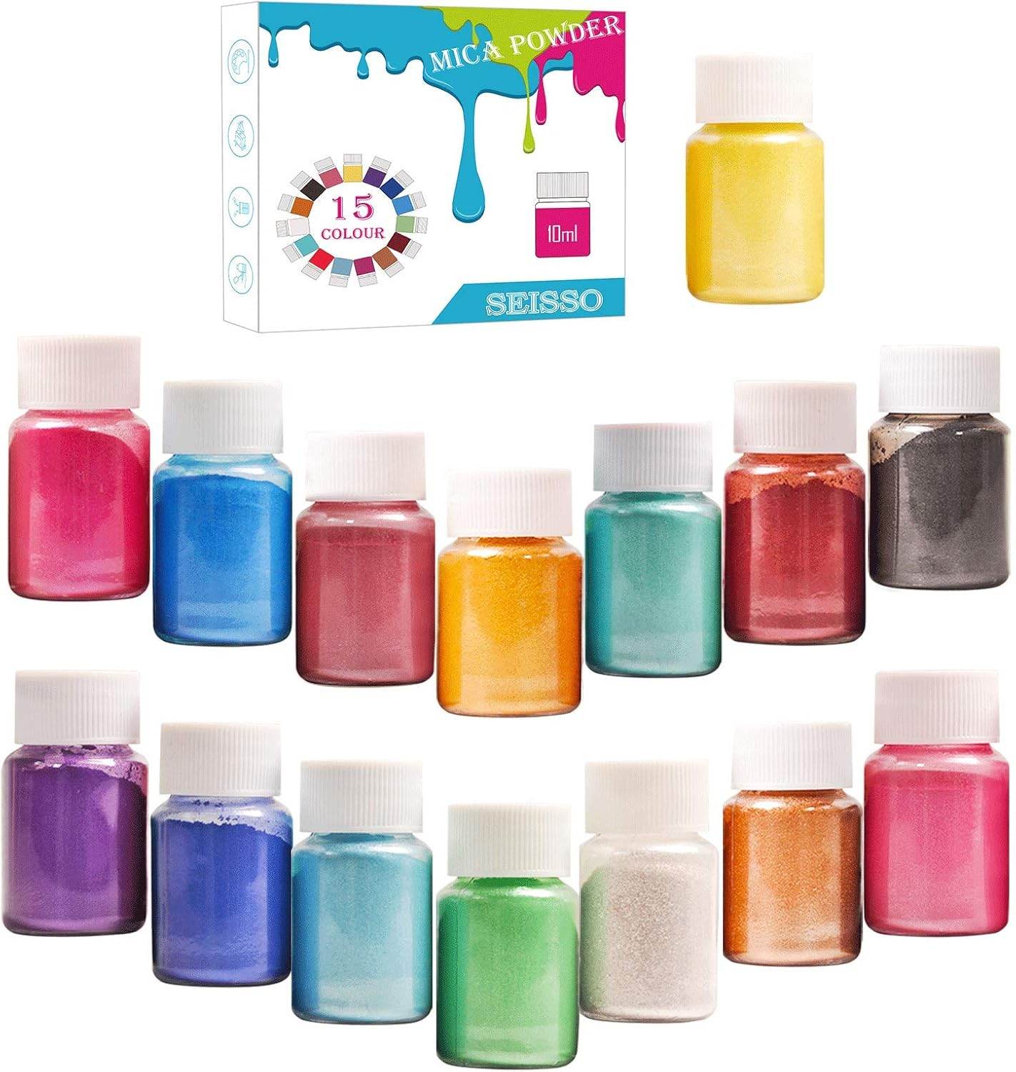 SEISSO Mica Powder 24 Colors X 10G Each Pack, Premium Pigmented Powder for Epoxy Resin, Soap Making, Candle Making, Lip Gloss, Bath Bomb, Acrylic Paints
