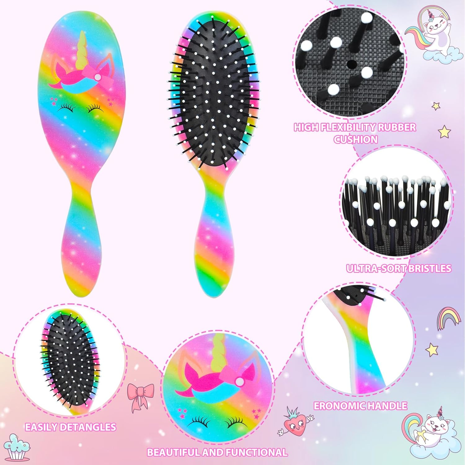 Girls Detangling Brush for Curly, Wet/Dry, Thick Hair - Pain-Free Brushing for Women (Rainbow Unicorn) image number 3