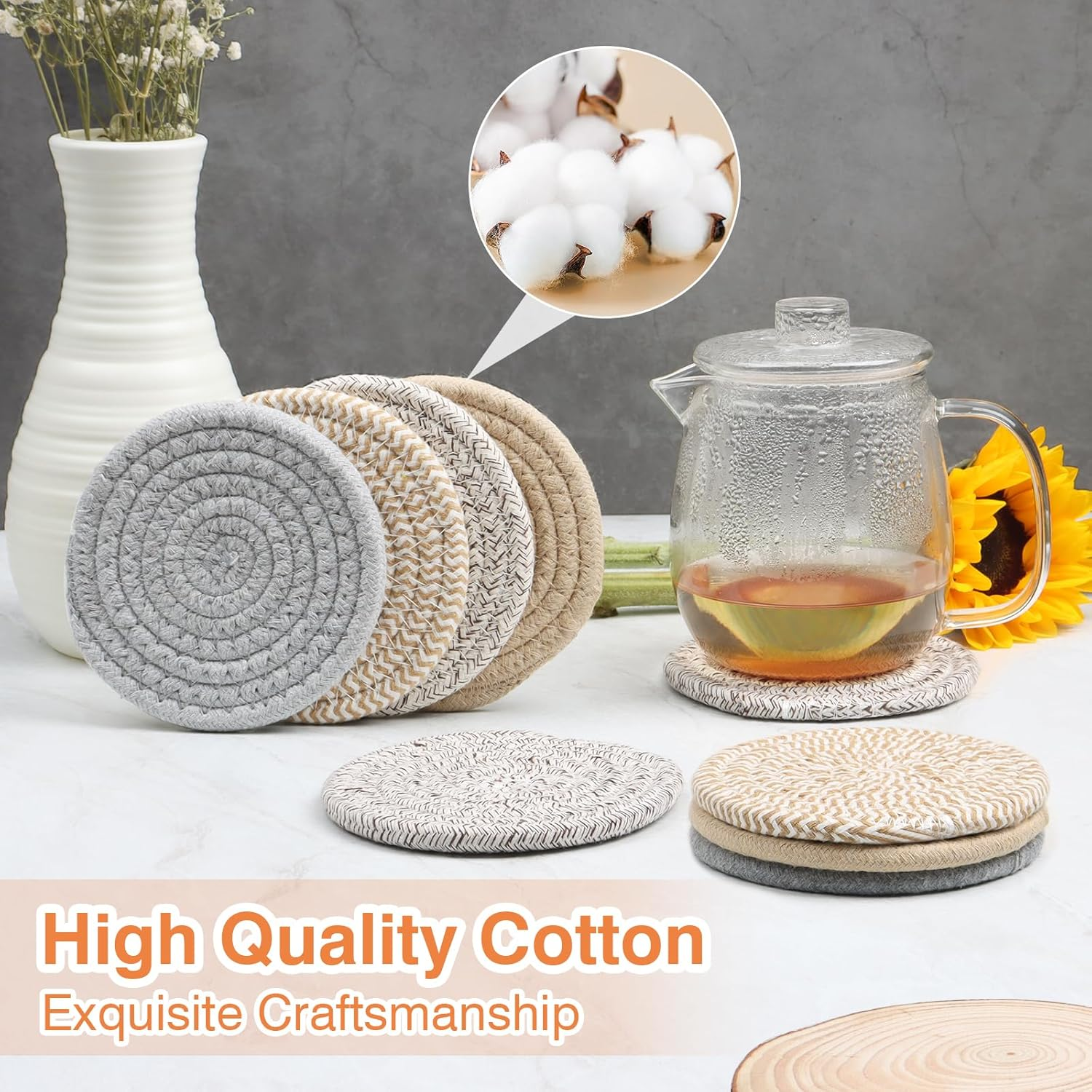 4.8" Cotton Drink Coasters Set of 2&ndash; Absorbent Fabric Mug Pads for Coffee, Tea & Drinks, Minimalist Desk & Nightstand Cup Mats, Durable Neutral Drink Coasters for Home, Office or Gift Use (Cloud Grey)