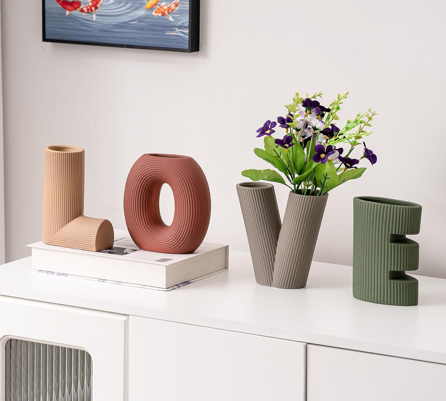 Creative Ceramic Vase Set of 4, Letters Shape Flower Vase, Multicolor Modern Minimalism Home Decor for Living Room, Table Centerpieces(Green/Brown/Burgundy/Khaki) image number 2