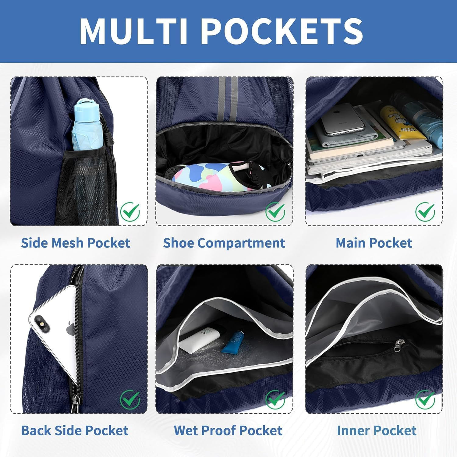 Sports Drawstring Backpack,Water Resistant Lightweight String Gym Bag with Shoes Compartment and Wet Proof Pocket for Women Men. - Black image number 6