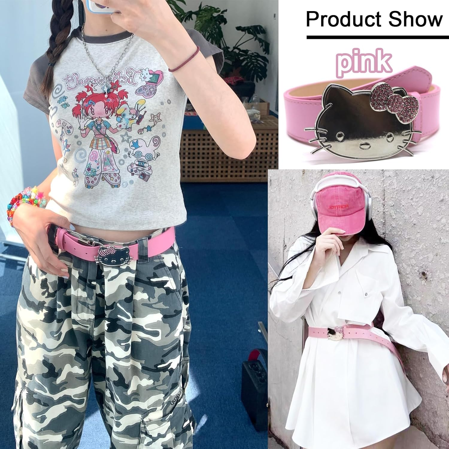 Kitty Cat Y2K Hip Hop Korean Belt for Women - Jeans Skirt Accessory - 105 * 3.3 Cm/41.3 * 1.3 In - Pink image number 2